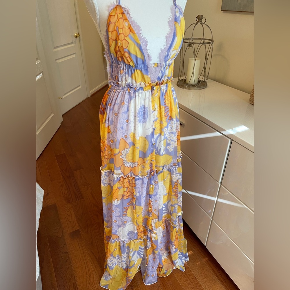NWT ASOS Design Button Through Tiered Lace Trim Maxi Dress, Floral Print, Size 6